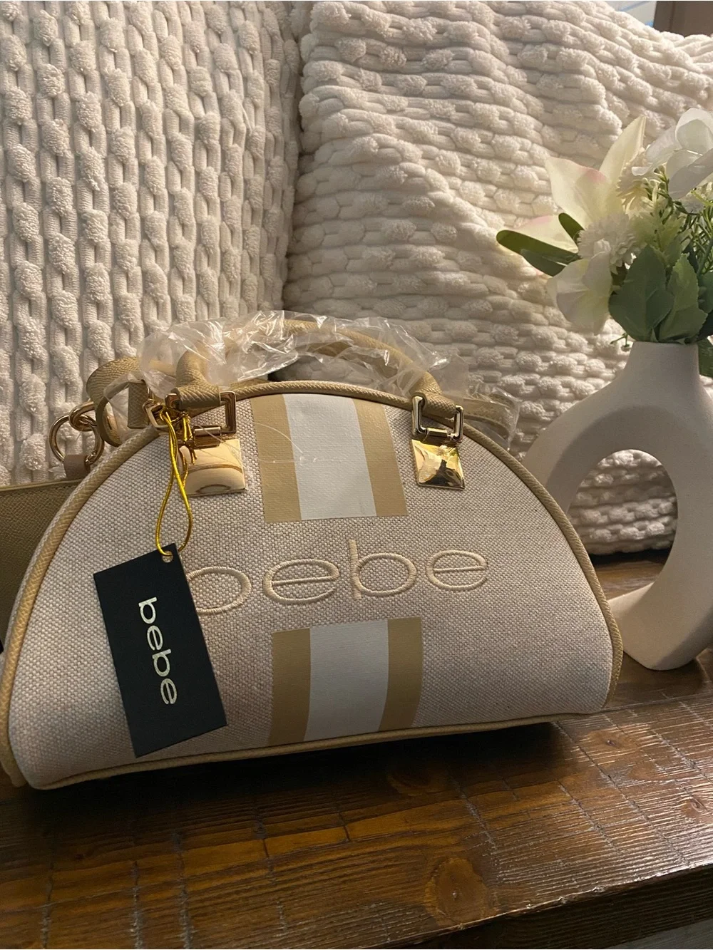bebe Beige and Gold Dome Mini Satchel